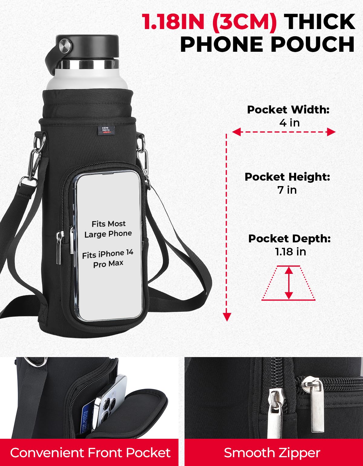 KEMIMOTO Water Bottle Carrier with Strap, Water Bottle Holder with Rubber at The Base, Water Bottle Holder Bag with Adjustable Shoulder Strap, Water Bottle Pouch for Hiking, Camping, Fishing