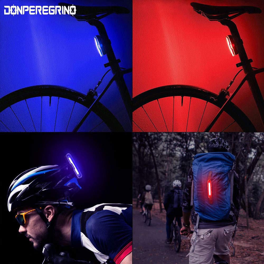 Bike Tail Light Powerful 110 Lumens - Rear Bike Light 5 Modes Red/Blue, Waterproof IP64, Rechargeable USB-C, Quick Release Brackets for Saddle & Seatpost, DON PEREGRINO B2 Bicycle Lights