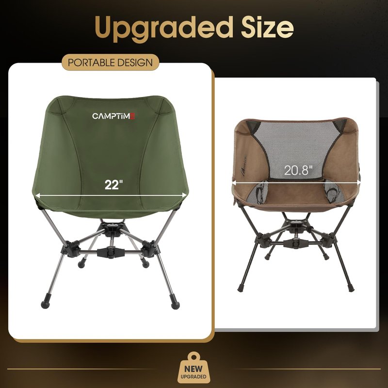 Camptime Portable Camping Chair, Lightweight Compact Backpacking Chair with Side Pocket, Wide Seat Folding Chair for Camping, Hiking, Beach - Supports 330Lbs, Black