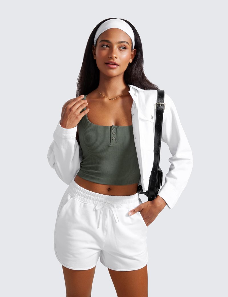 CRZ YOGA Ribbed Henley Crop Tank Tops for Women - Square Back Padded Yoga Workout Longline Sports Bras Grey Sage Medium