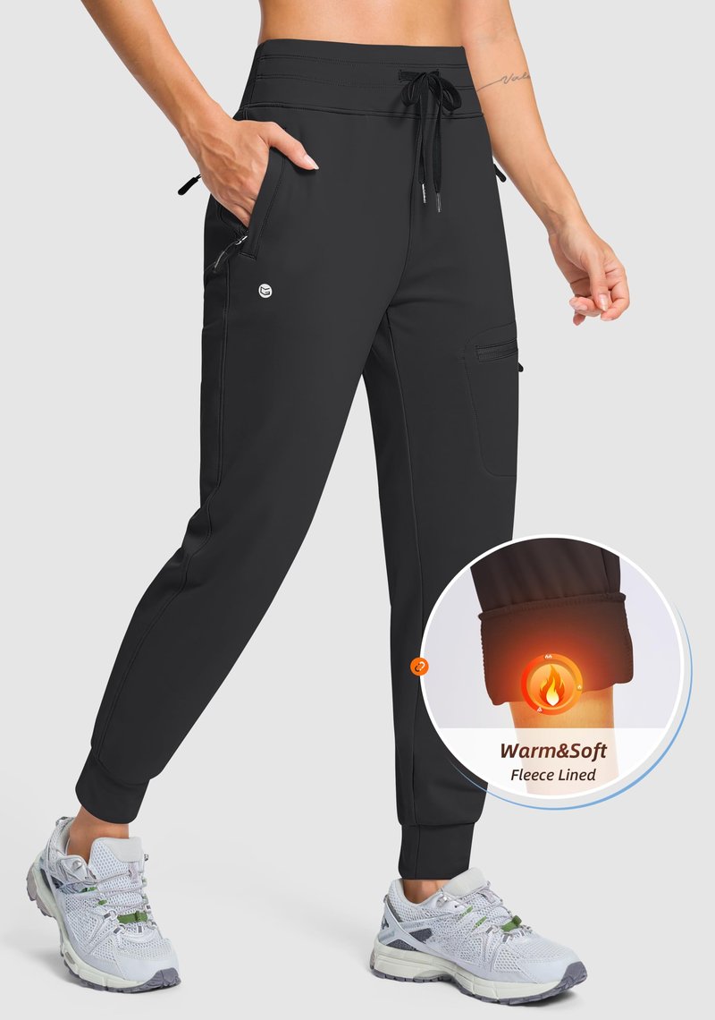 G Gradual Women's Fleece Lined Joggers Hiking Pants 4 Zipper Pockets High Waisted Water Resistant Winter Running Sweatpants, Black, Medium