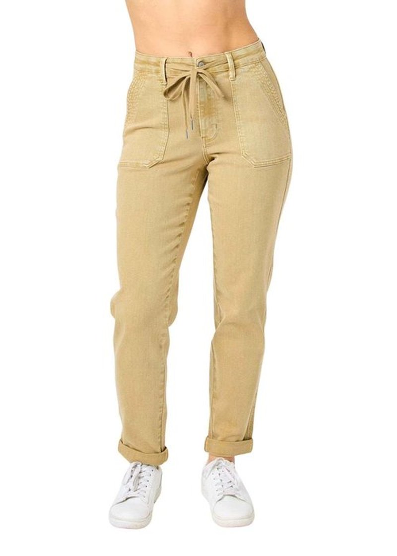 Judy Blue Women's Khaki High Waist Cuffed Jogger Pant 88815, Garment Dyed, Premium Stretch Fabric, 29” Cuffed Inseam, 32” Uncuffed