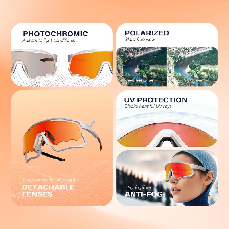 GONTSAM Polarized Cycling Glasses with Photochromic Effect, UV400 Protection, Detachable Sports Sunglasses with Winter Anti-Fog for Men & Women