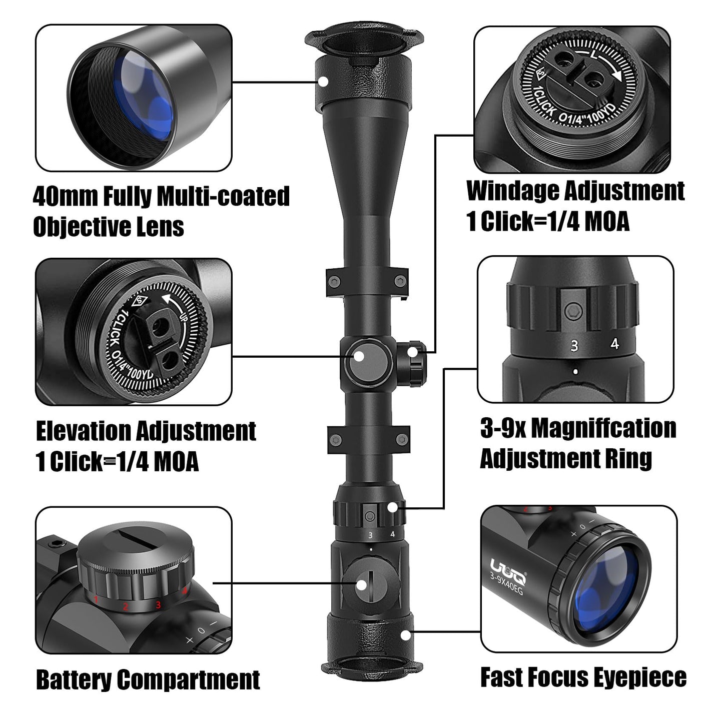 UUQ 3-9×40 Rifle Scope with Red/Green Illumination and Rangefinder Reticle - Includes Batteries, Fits 11mm Free Mounts, Waterproof and Fog-Proof,for Hunting,Airsoft and Pellet Gun
