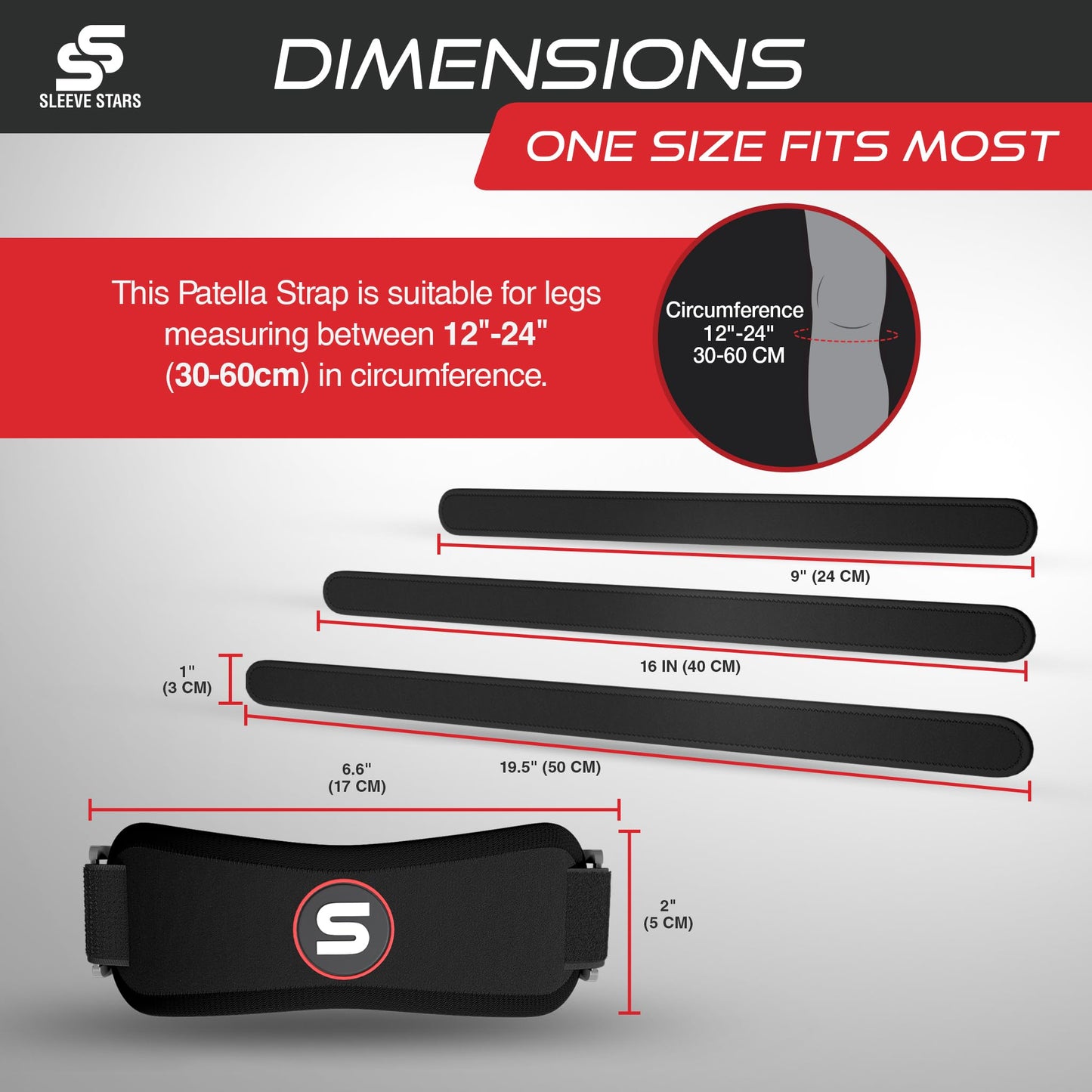SS SLEEVE STARS Patellar Tendon Support Strap Swedish Brand for Women & Men Effective Osgood Schlatter Knee Brace Youth & Kids with 3 Adjustable Length fits 12"-24" (Pair/Black/Adult)