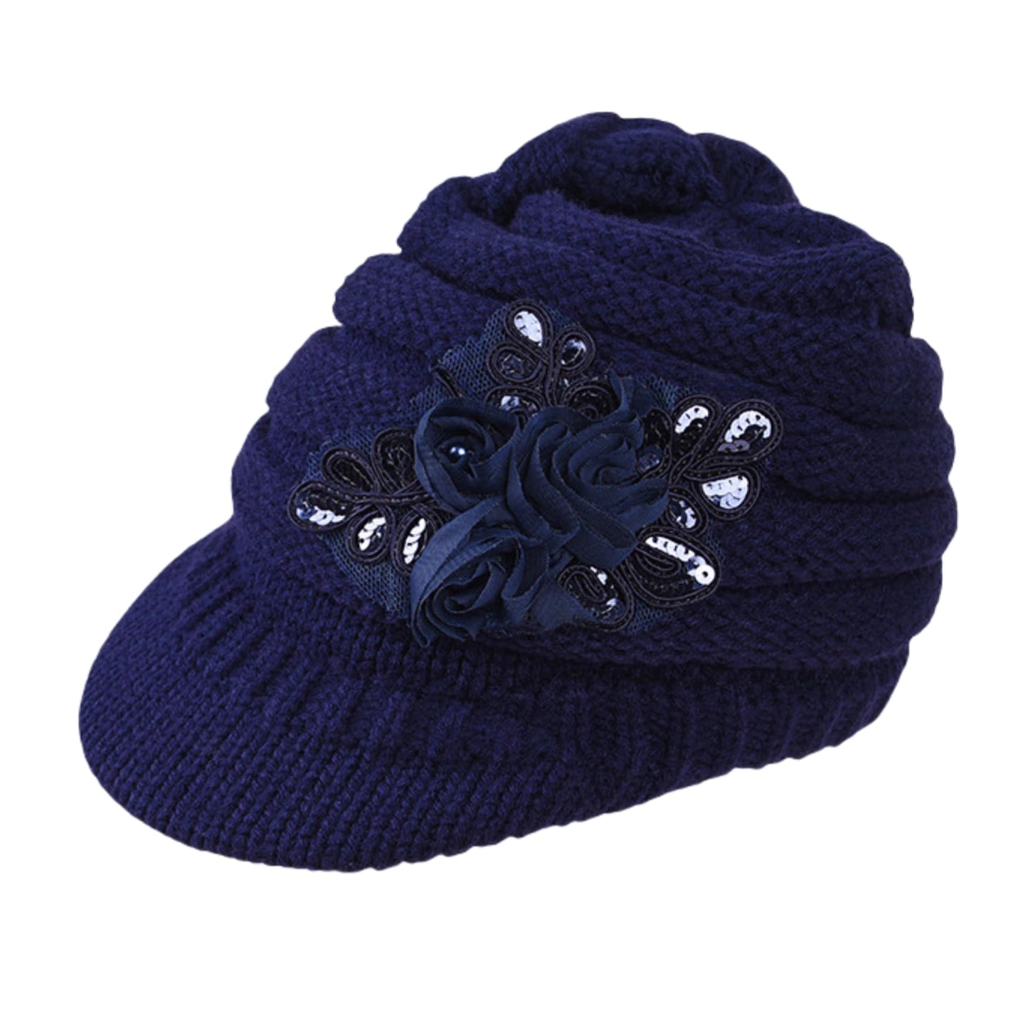 Caviotess C-US Women Winter Warm Knit Hat Crochet Visor Brim Cap with Flower Accent Dark Blue