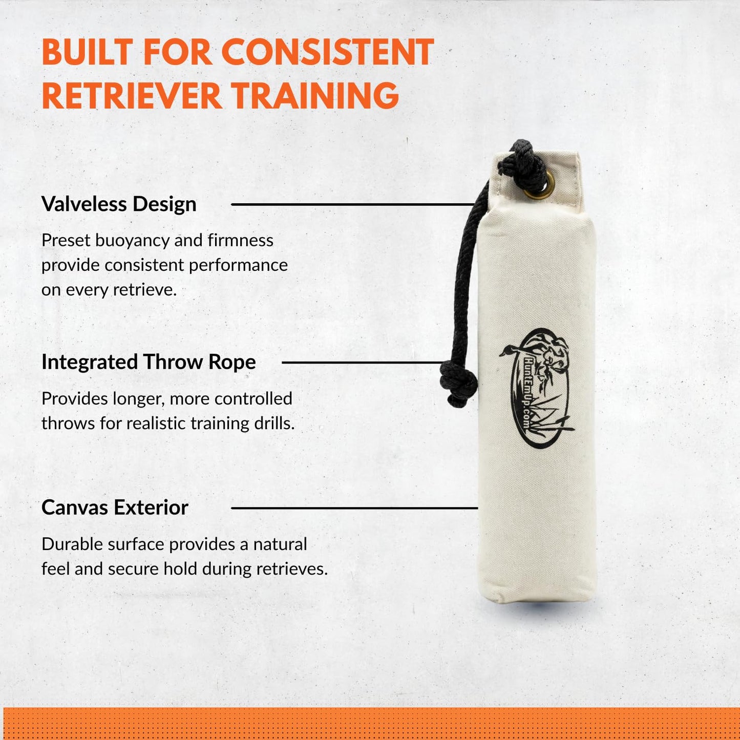 HuntEmUp 3" Canvas Dog Training Bumper – Retrieving Dummy for Retriever & Hunting Dog Training – Floating Water Dummy with Throw Rope – White (1 Pack)