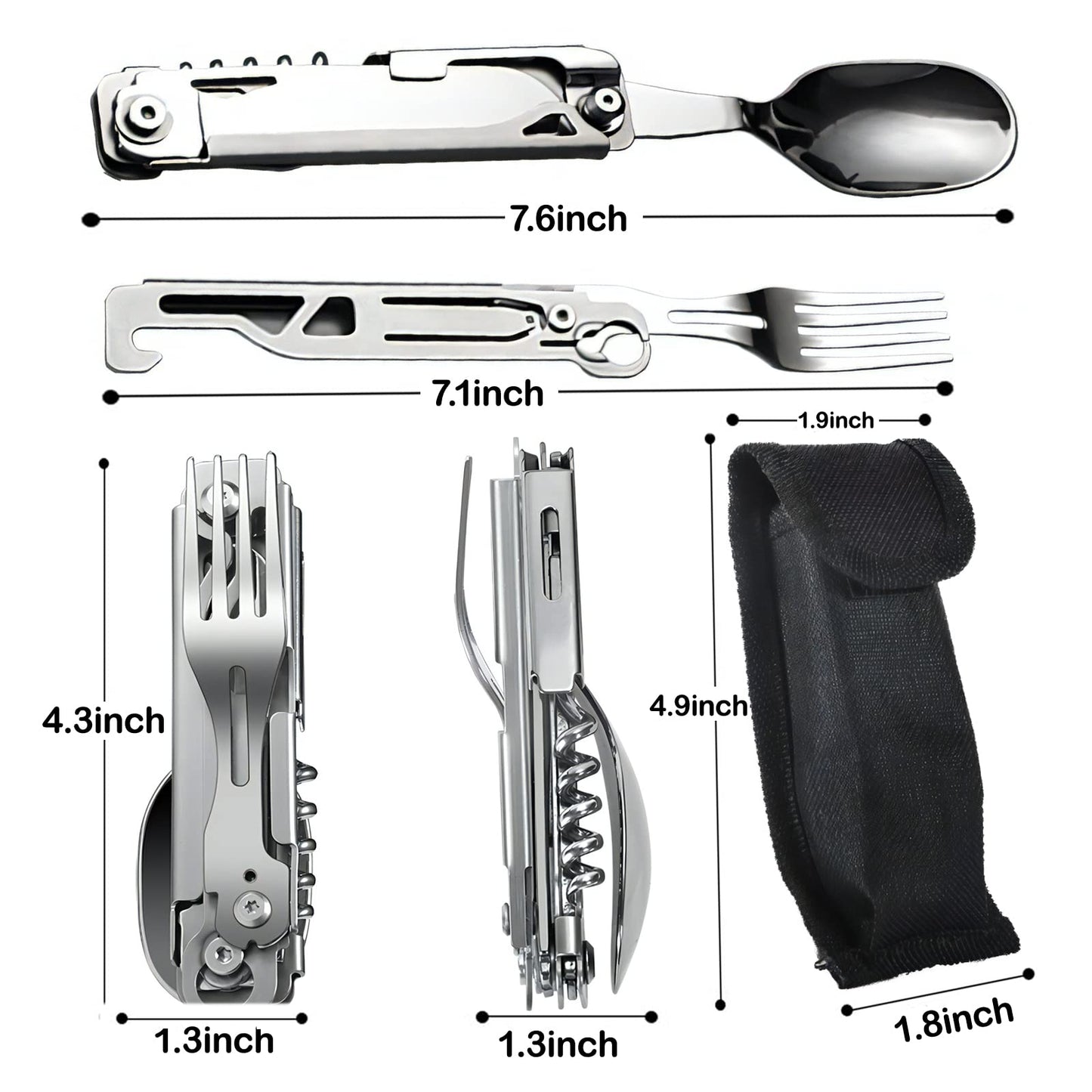 Wemomo Camping Utensils, 5 in 1 Detachable Cutlery Folding Knife, Stainless Steel Spoon, Fork, Cork Screw & Can Opener Combo Set, Compact Camping Tools for Hiking, Travel, Backpacking