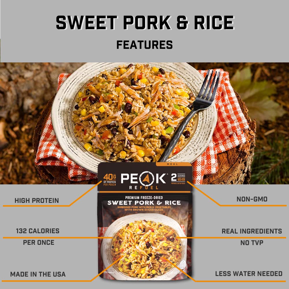 Peak Refuel Sweet Pork & Rice | Premium Freeze Dried Camping Food | Backpacking & Hiking MRE Meals | Just Add Water | 100% Real Meat | 40g of Protein | 2 Serving Pouch