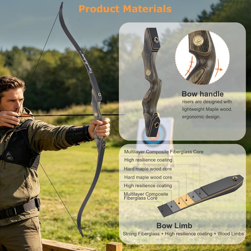 60'' Archery Recurve Bow and Arrow Set - Right Hand 30-50lbs for Adult Target Practice | Includes 6 Fiberglass Arrows