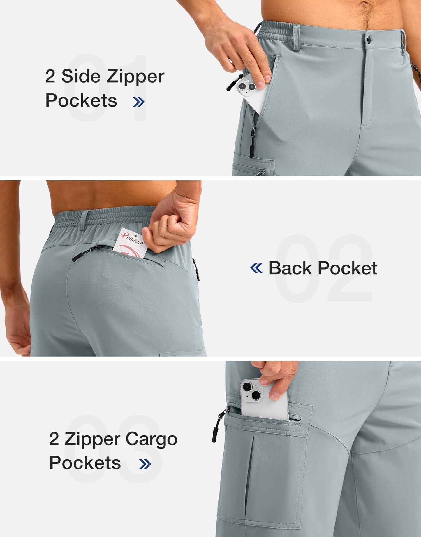 Pudolla Men's Hiking Shorts 11" Lightweight Cargo Work Shorts for Men Summer Travel Golf Casual Outdoor with 5 Pockets(Light Grey Medium)