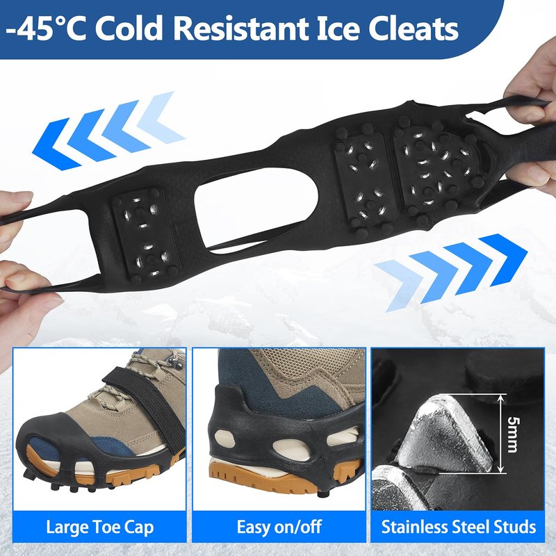Ice Cleats, Crampons Ice Cleats for Shoes and Boots Men Women Kids, Anti Slip 28 Shoe Spikes for Snow and Ice, Non Slip Snow Cleats with Straps for Winter Walking Hiking Fishing