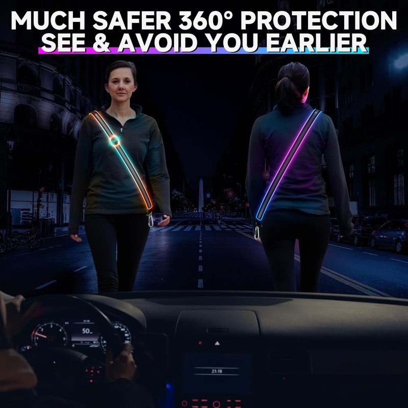 Reflective Sash for Walking at Night, Led Reflective Running Belt for Women & Men, Rechargeable High Visibility Safety Reflective Gear, Adjustable Light Reflector Vest Wear for Cycling Jogging