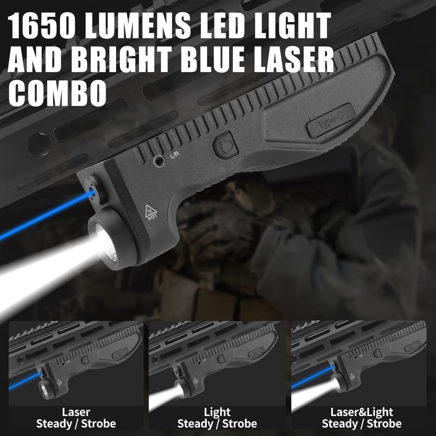 ZBULAR 1650 Lumens Strobe Function,Light Laser Combo Compatible with M-Lok Rail Surface, Tactical Flashlight and Blue Laser Sight,High Real Lumen,USB-C Rechargeable IIIA Class Laser Power Output ≤5mW