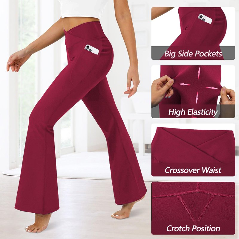 DLOODA Women's Flare Leggings with Pockets Crossover High Waisted Bootcut Yoga Pants Tummy Control Bell Bottom Leggings Burgundy 0M