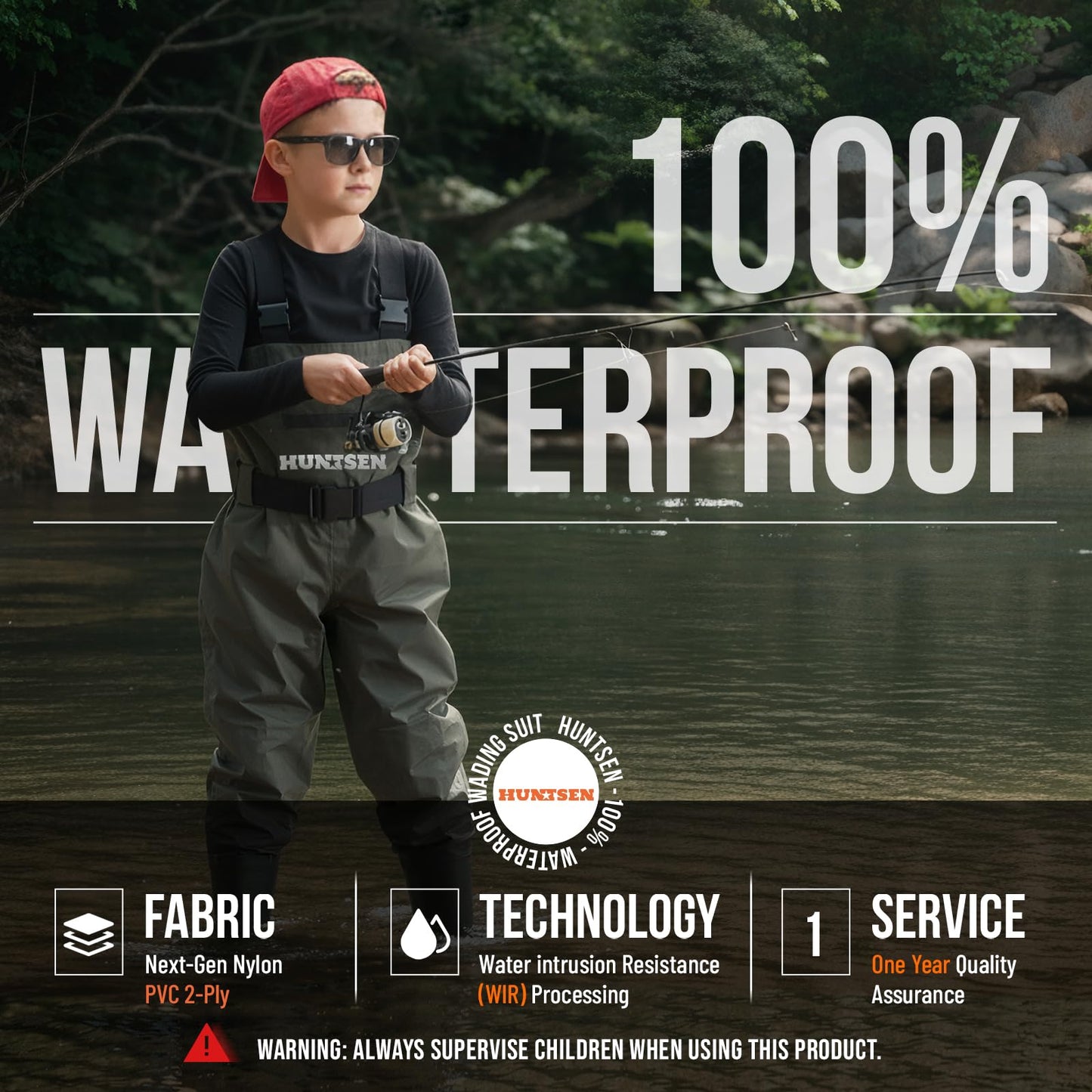 HUNTSEN Chest Waders for Kids with Boots - 2-Ply Nylon Waterproof Insulated Neoprene with Reflect Safety Band - Youth Fishing Waders with Boot Hanger for Toddler Children Hunting Waders for Boys Girls
