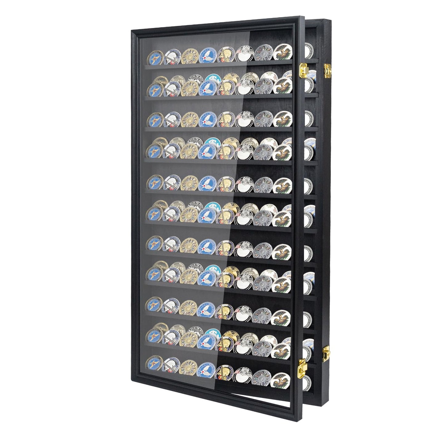 Large 11-Tier Wooden Challenge Coin Display Case, 29.1" Military Coin Holder Wall Cabinet with Removable Shelves & Lock for Collection Display, Dustproof & UV Protection, Black