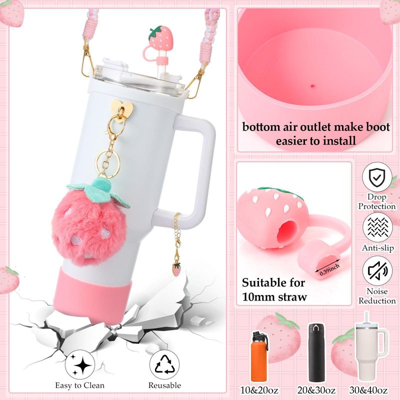 Domensi 6 Pcs Pink Strawberry Accessories Set Compatible with Cup, Pink Water Bottle Handle Strap Tumbler Silicone Straw Cover Charm Strawberry Plush Keychain Gift Decoration