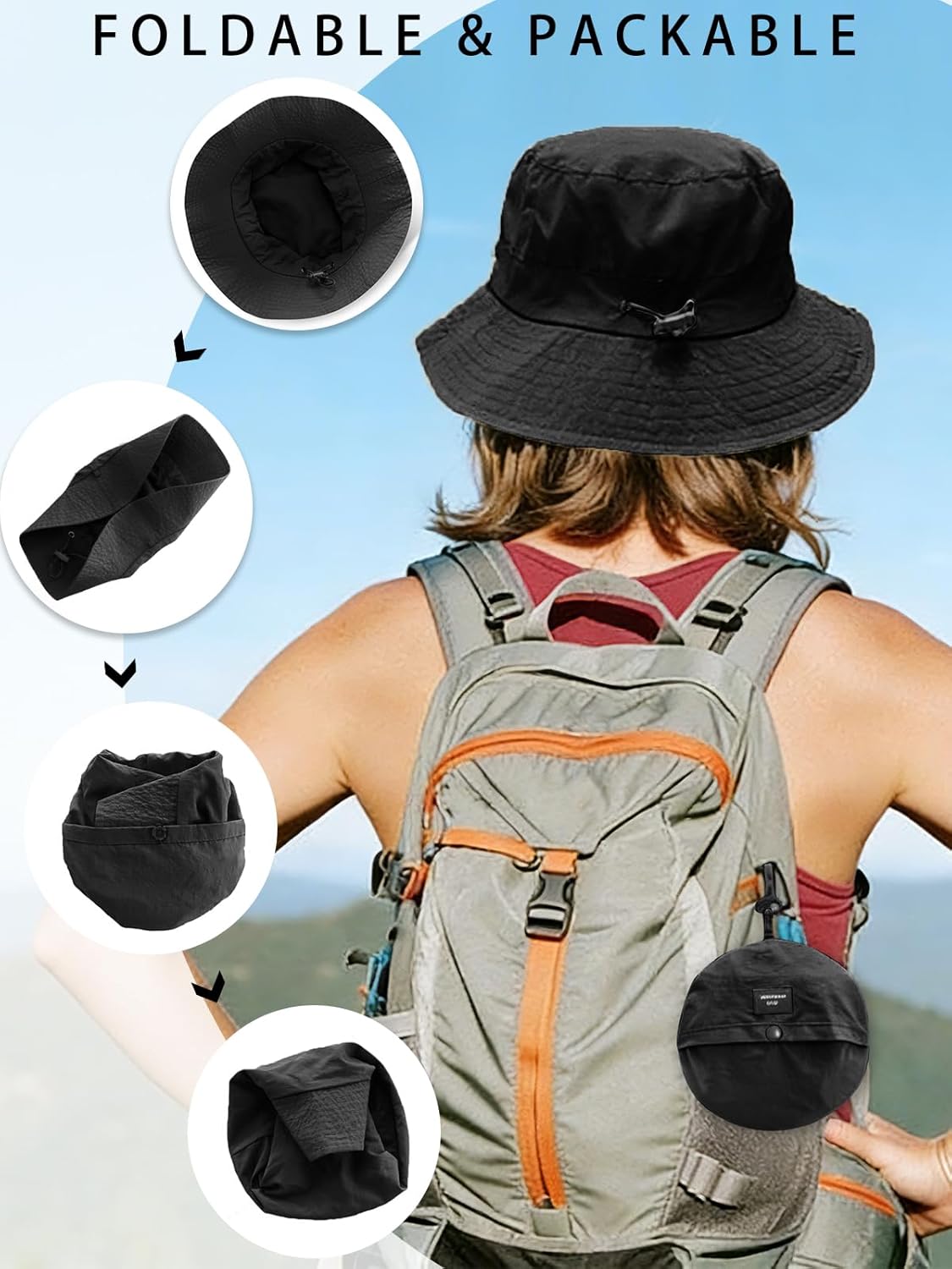 Packable Bucket Hat - Splash-Proof Lightweight Fishing & Hiking Hat | Adjustable Chin Strap