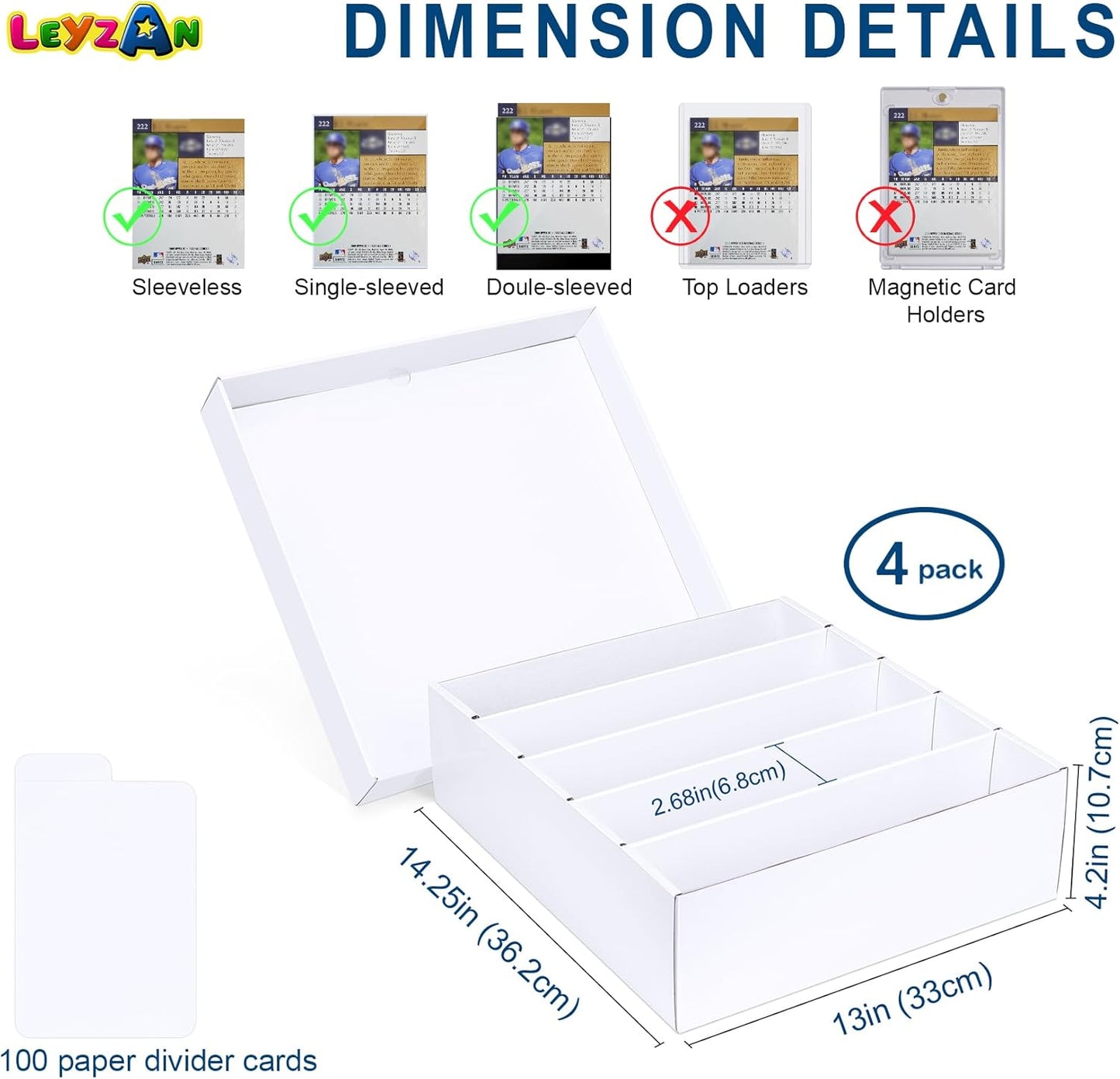 Trading Card Storage Box - 5 Row Cardboard Organizer with Dividers | 4 Pack for MTG, TCG, Sports Cards
