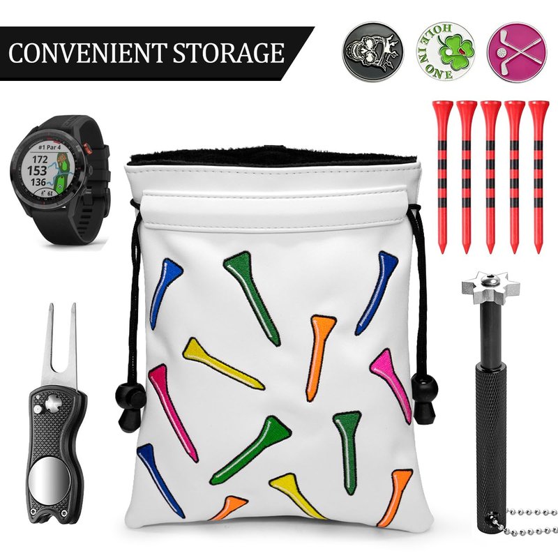montela golf Valuables Pouch,Golf Bag Pouch with Drawstrings Golf Tee Bag Leather Golf Tee Pouchs for Men Women (Colorful Tee)