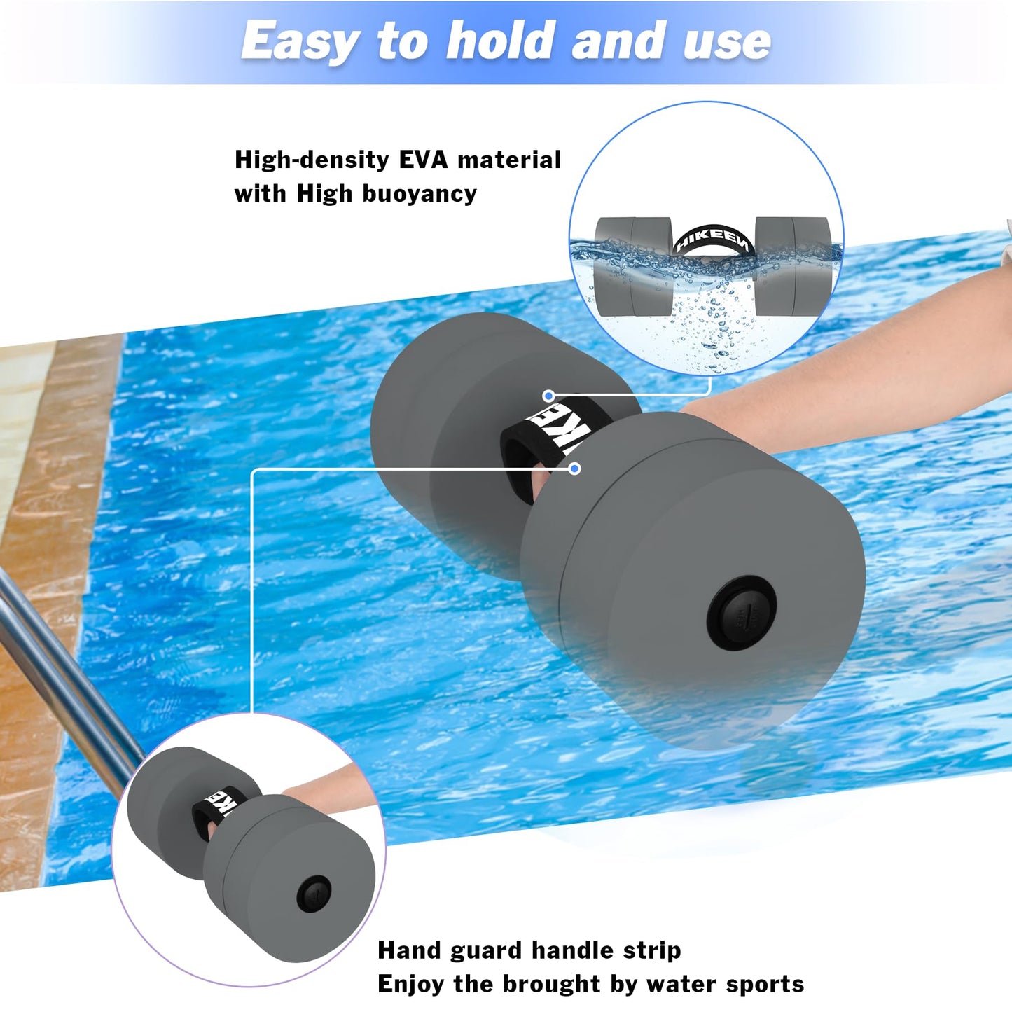 Hikeen Aquatic Exercise Dumbbells Water Dumbbell Pool Resistance Aquatic Fitness Barbells With 4 High-Density EVA Foam Pool Weights Dumbbells, for Water Aerobics Weight Loss (2 EVA Grey)