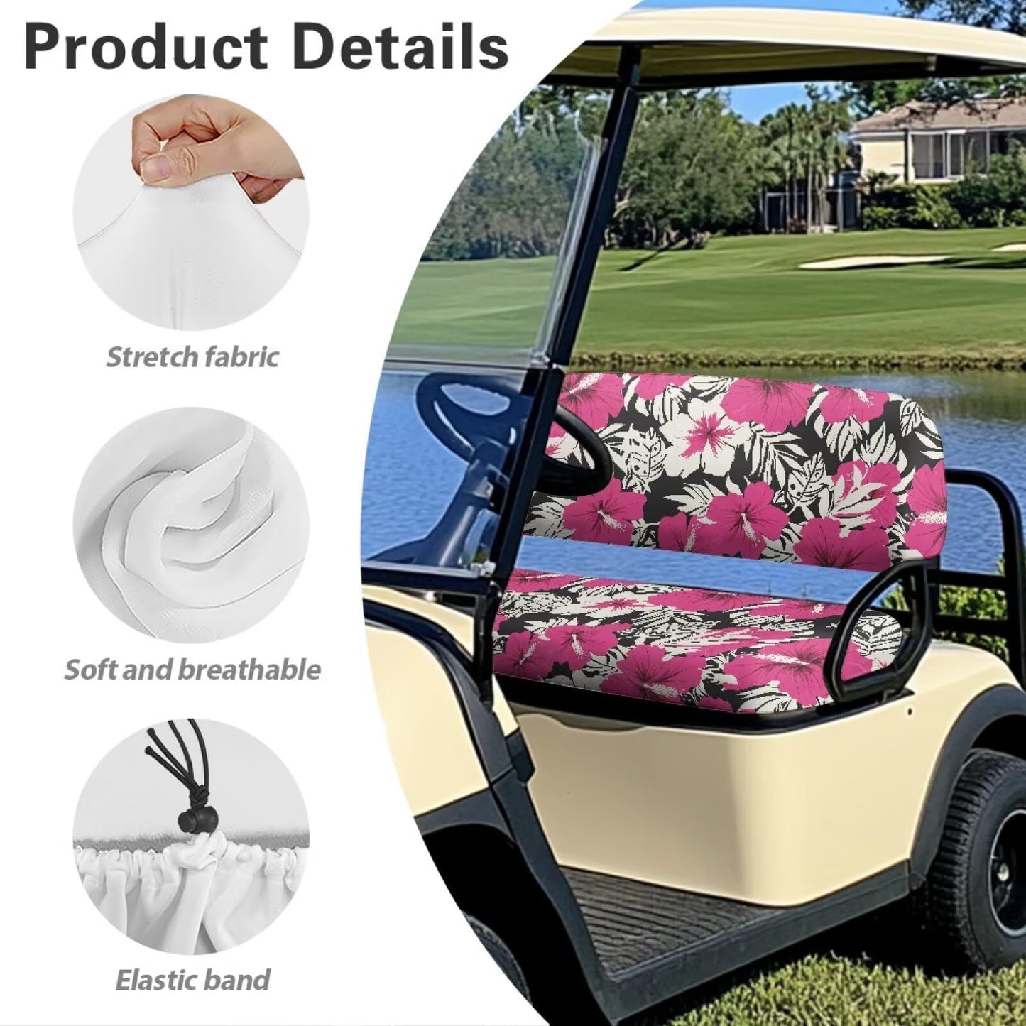 FUIALDOLG Golf Cart Seat Cushions Cover Pink Hibiscus Flower Anti-Scratch Golf Cart Seat Cover + Backrest Cover Cool in Summer and Warm in Winter for EZGO TXT RXV & Club Car