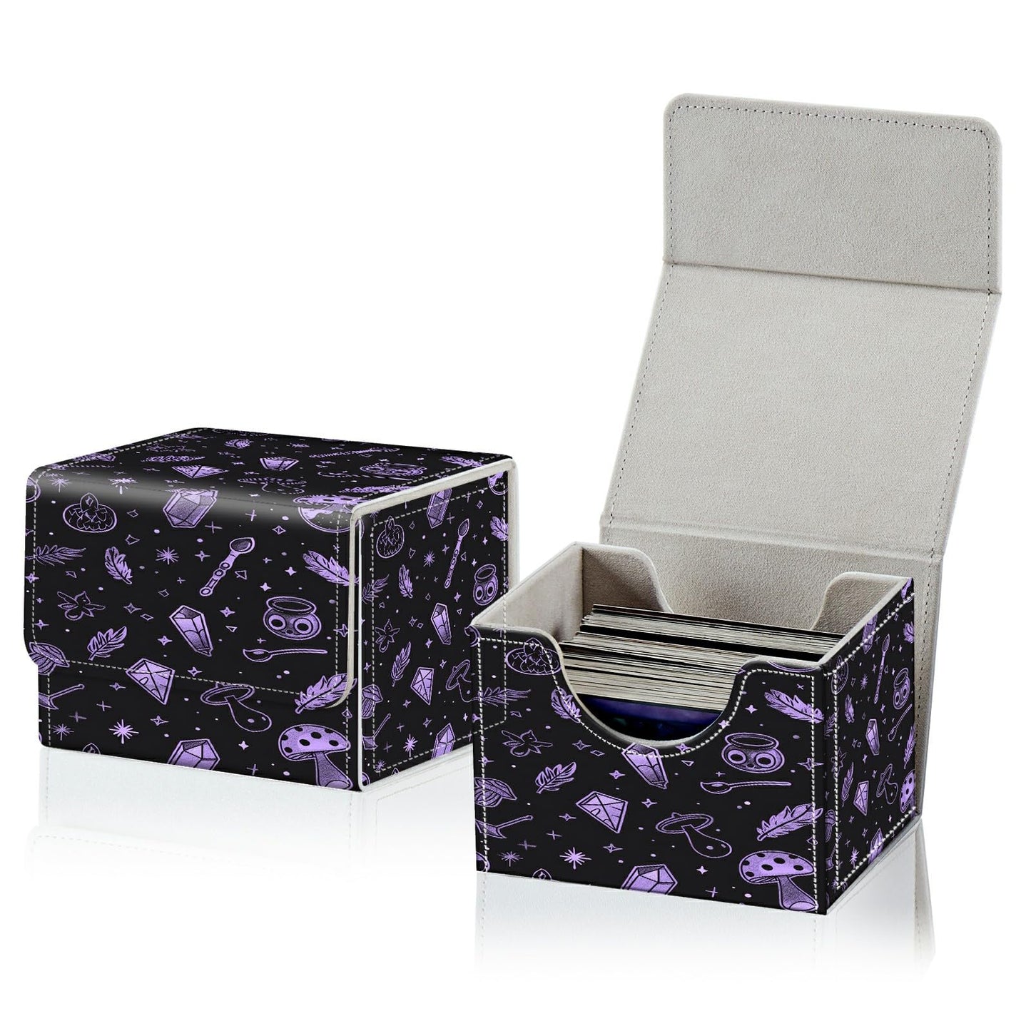 RWUTYTIUL Card Deck Box for MTG Cards, Card Storage Box Fits 100+ Sleeved Cards, PU Leather Large Size Strong Magnet Card Deck Case Holder for Board Game Magic MTG TCG CCG, Purple Mushroom