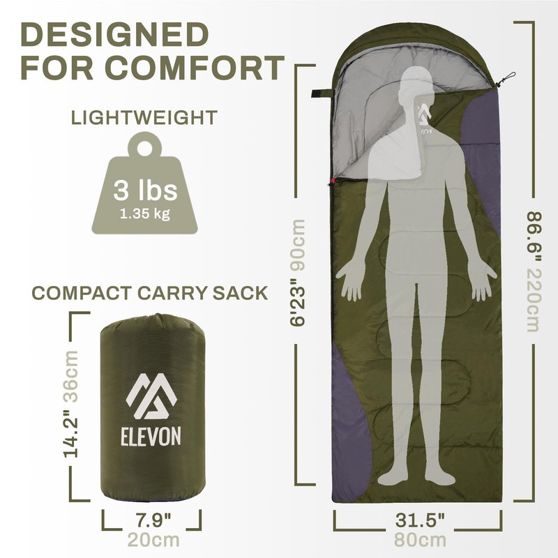 Elevon Sleeping Bag for Adults Teens Kids Cold Warm Weather, Portable Waterproof & Lightweight, Compact with Compression Sack, for 3-4 Seasons Camping, Backpacking, Hiking, Travel, Indoors Outdoors