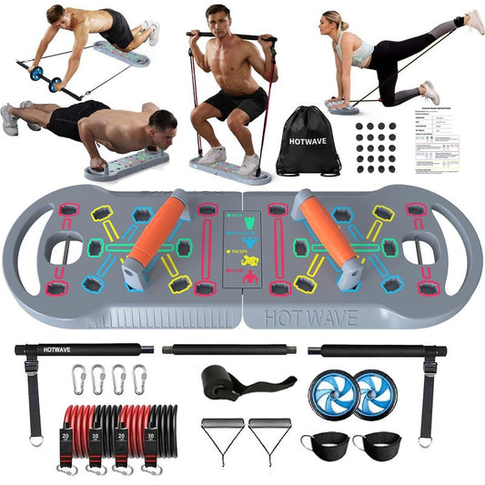 HOTWAVE Portable Exercise Equipment with 16 Gym Accessories,20 in 1 Push Up Board Fitness,Resistance Bands with Ab Roller Wheel,Full Body Workout at Home