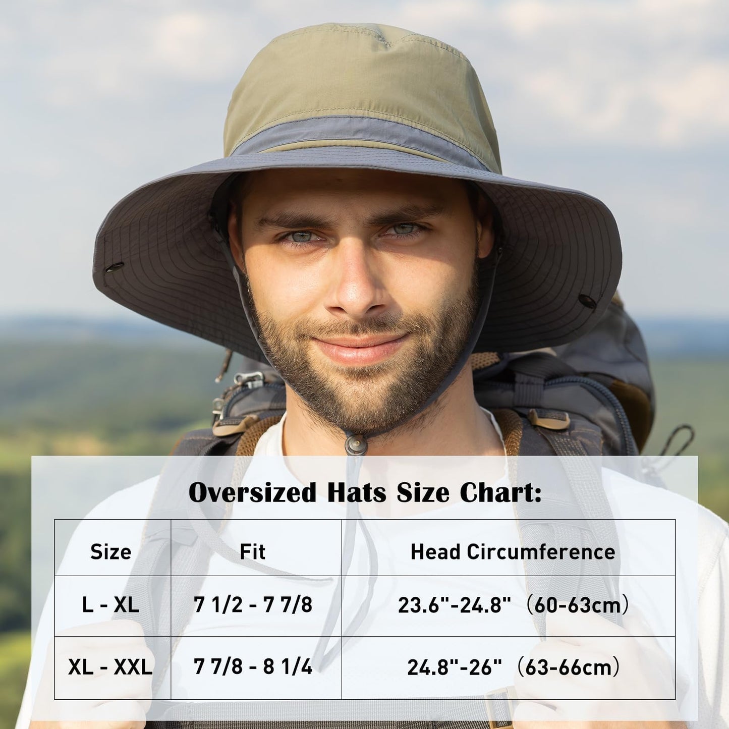 TOP-EX Summer Boonie Sun Hats for Men Safari Fishing Hiking Wide Brim UPF50+ Big Head Nylon Waterproof Khaki Large X-Large L XL 60cm 63cm