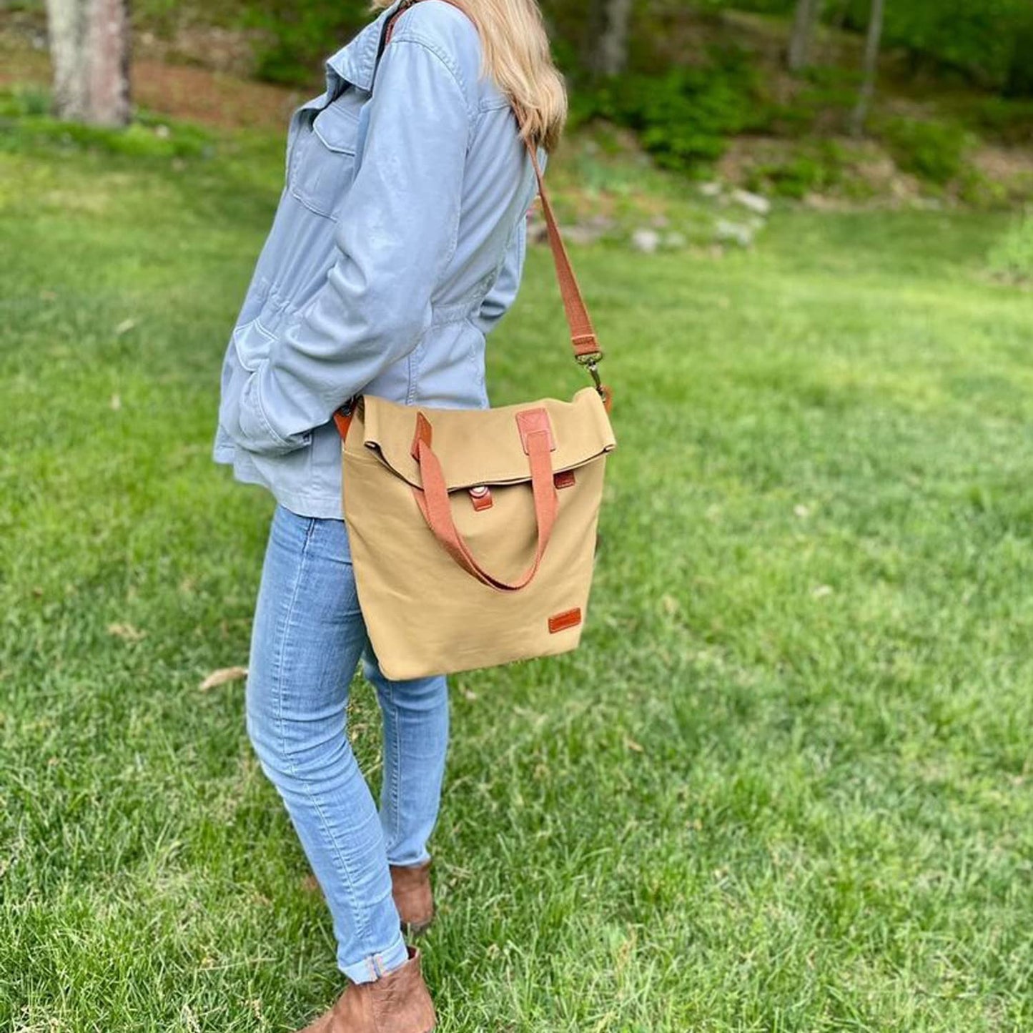 TOURBON Canvas Clip-On Quick-Release Bike Panniers Women's Shoulder Tote Bag - Khaki