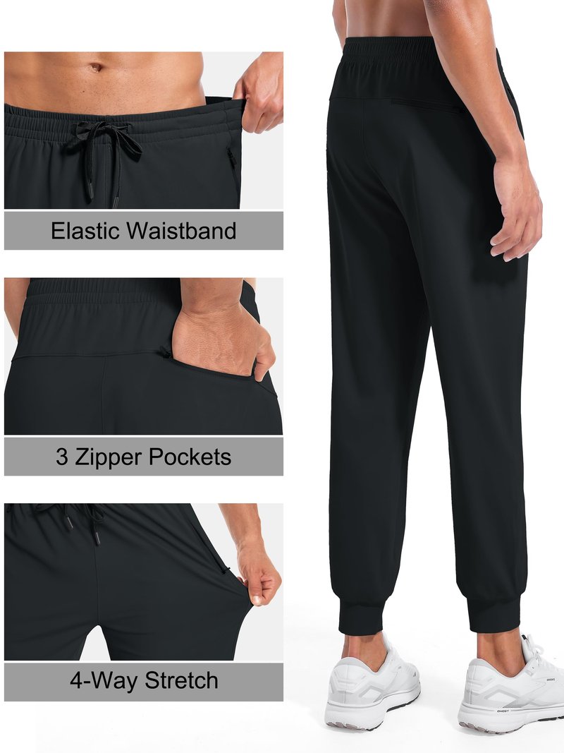 Tallemon Tall Mens Joggers 34 Inseam Long Sweatpants with 3 Zipper Pockets Lightweight Athletic Tapered Pants, Black, Large