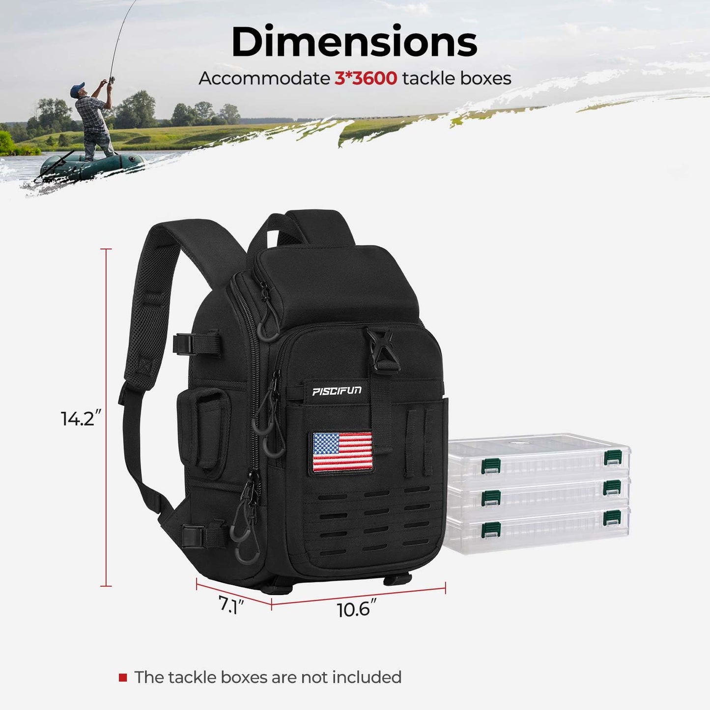 Piscifun Fishing Tackle Backpack with Rod & Gear Holder, Lightweight Outdoor Water-Resistant Fishing Shoulder Storage Bag with Protective Rain Cover, Black