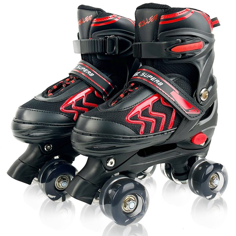 HXWY Kids Roller Skates for Boys Girls Child, Adjustable 4 Sizes Roller Skates for Kids and Youth with Light Up Wheels, Quad Black & Red Roller Skates for Sports (Youth 4-7)