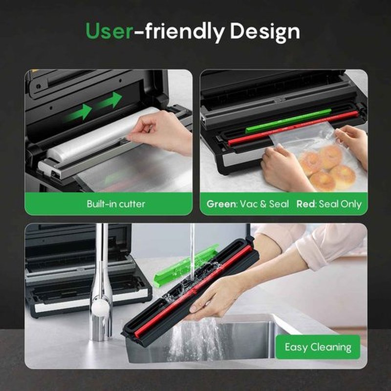 Fully Automatic Vacuum Sealer, 95Kpa Powerful Food Vacuum Sealer Machine, Auto Dry-Wet Detection | Bag Cutter | 2 Rolls Bags | Effortless Operation, Silver - Black