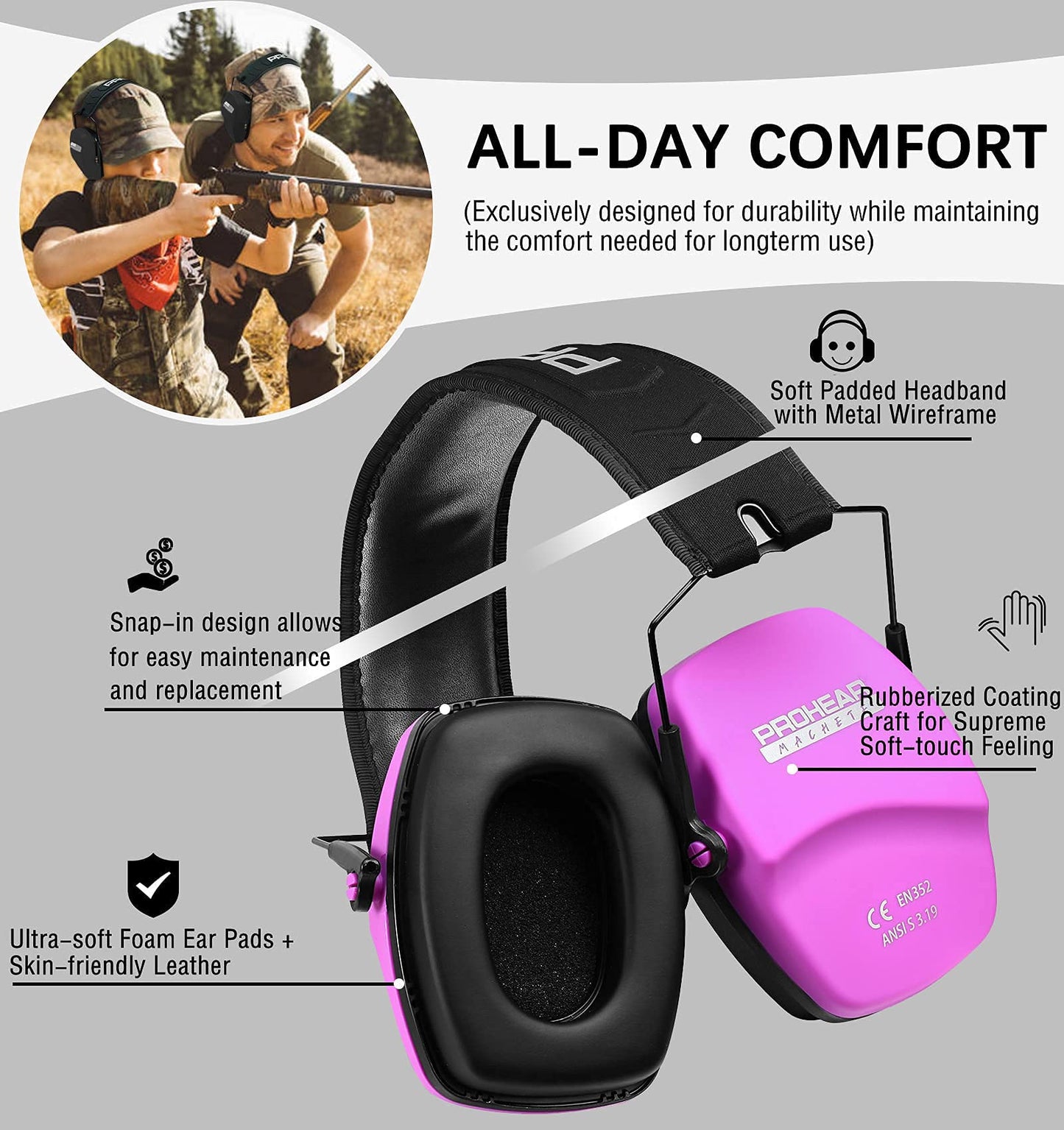 PROHEAR 016 Ear Protection Safety Earmuffs for Shooting, NRR 26dB Noise Reduction Slim Passive Hearing Protector with Low-Profile Earcups, Compact Foldable Ear Defenders for Gun Range, Hunting (Pink)