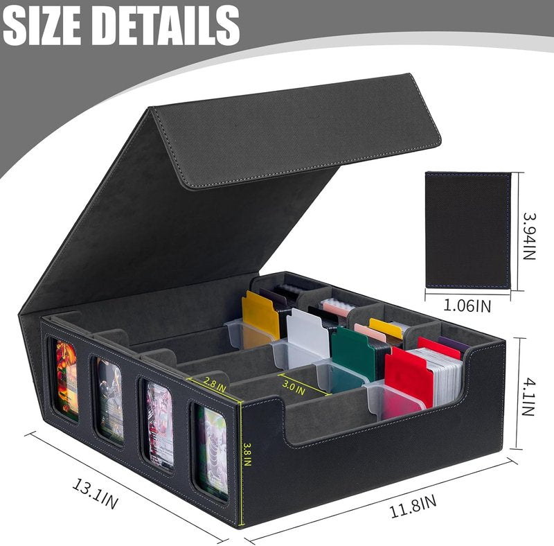 Trading Card Storage Box - 3200+ MTG Commander Deck Organizer with Window, Dice Tray & 30 Dividers | Black Grey
