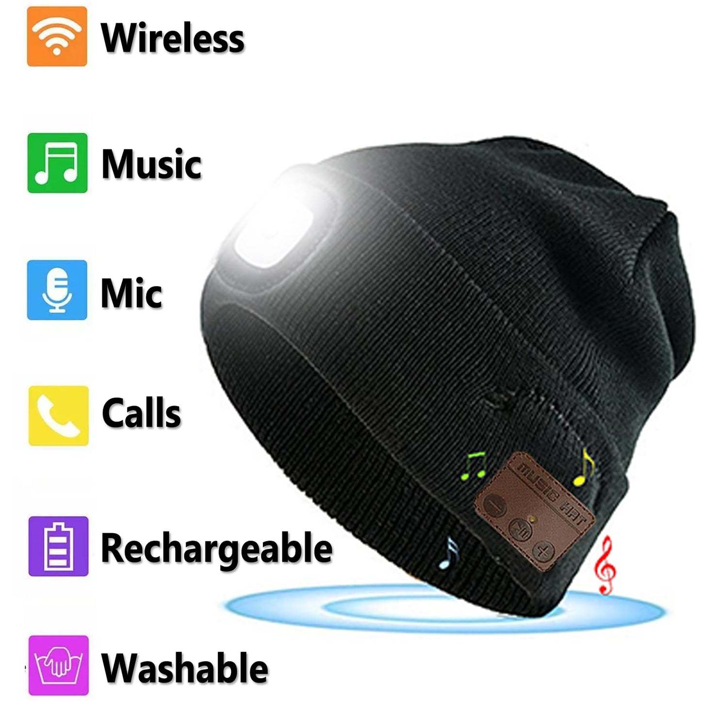 Wireless Beanie Music Hat with Light Unisex Musical Knitted Cap Rechargeable Beanie with Light Built-in Speakers Mic Headphone Beanie Hat Gifts for Men Women Running Camping Fishing