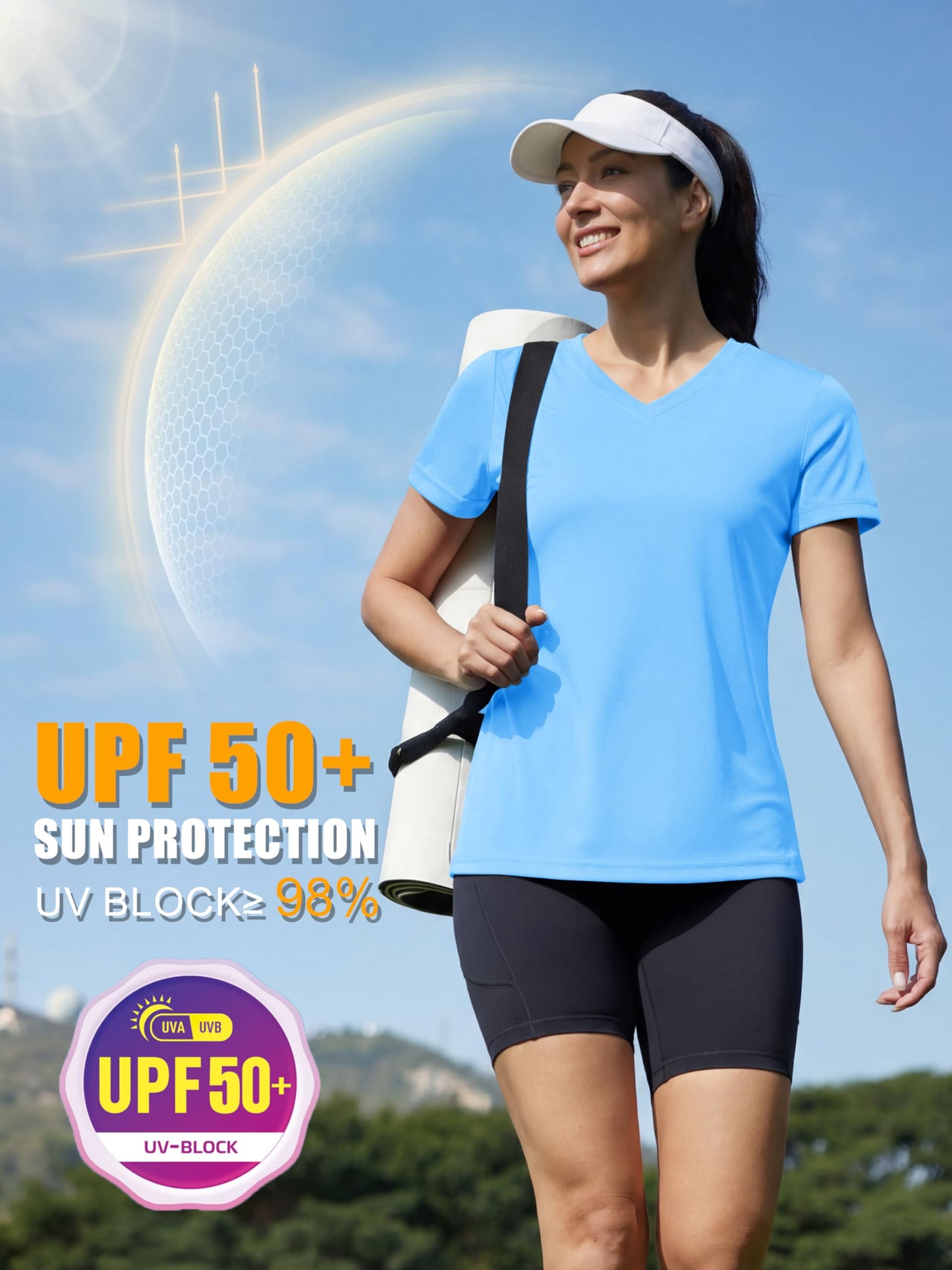 MAGCOMSEN Workout Tops for Women Short Sleeve Dry Fit Summer UPF 50+ Hiking Shirts Athletic Running Top Exercise Blue L
