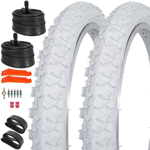 RUHUO 2Sets 18x1.95 Bike Tires and Tubes, Puncture Resistant Off-Road Folding Bicycle Tire Sets 50-355 Compatible with E-Bike Mountain Bike MTB Bicycle All-Terrain Directional Tread, White Color