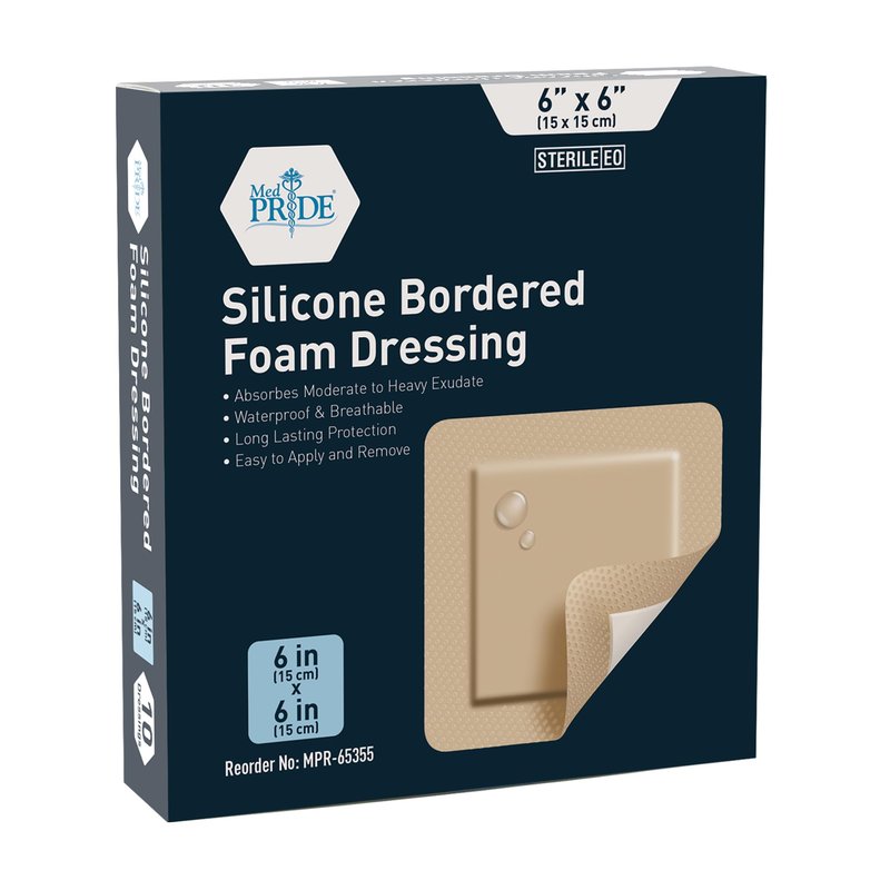 Medpride Adhesive Silicone Bordered Foam Wound Dressing Pads- 6 inches by 6 inches, 10 Pack-Trauma Bandaging for Ulcers, Post Op Wounds, Injuries- Individually Wrapped-Sterile, Pain-Free Removal