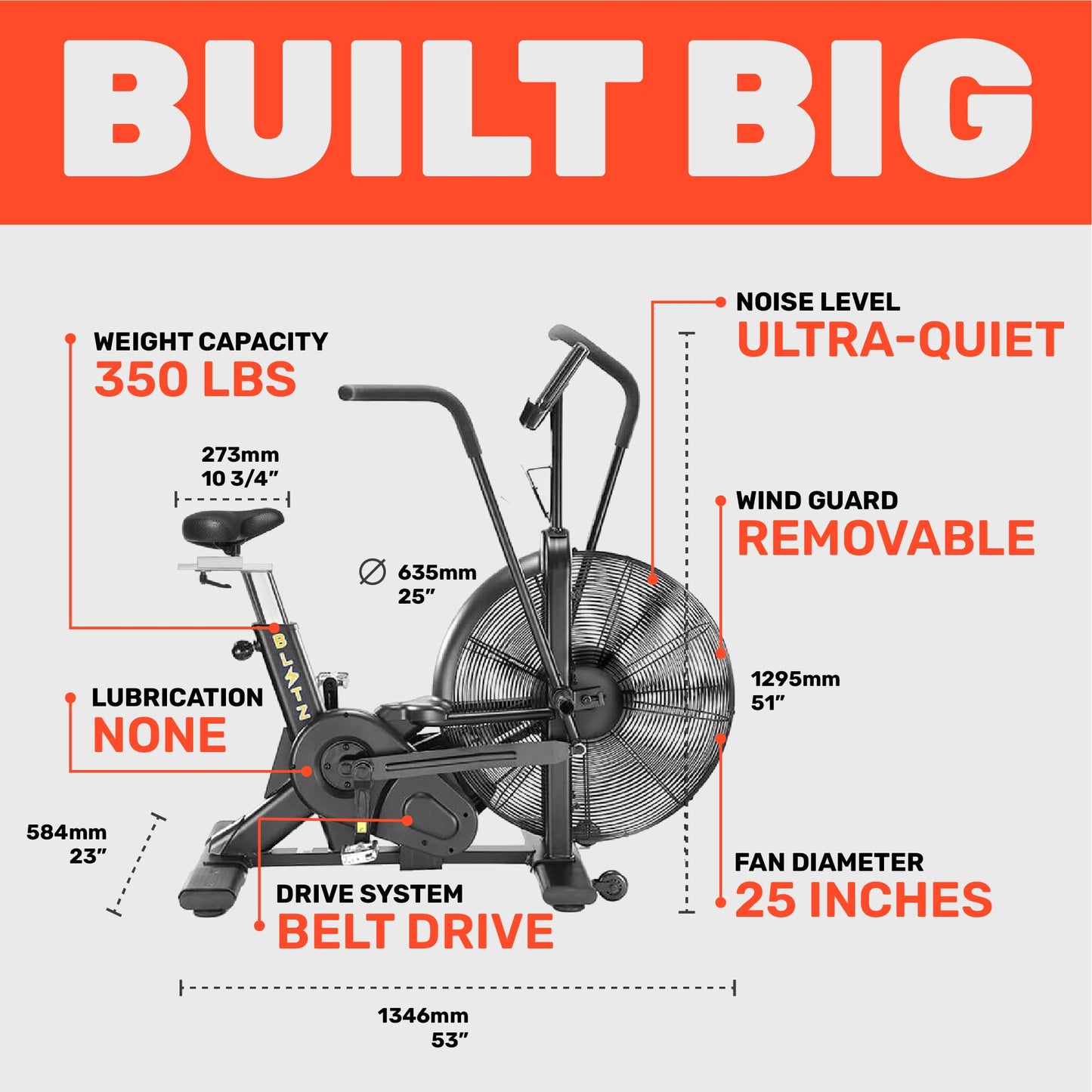 Air Bike [Bells of Steel] Fan Bike Exercise Bike, Blitz Cardio Bike, Belt Driven Air Bike Exercise Machine with Phone and Bottle Holder – 25in Fan Diameter, 350lb Capacity Stationary Bike