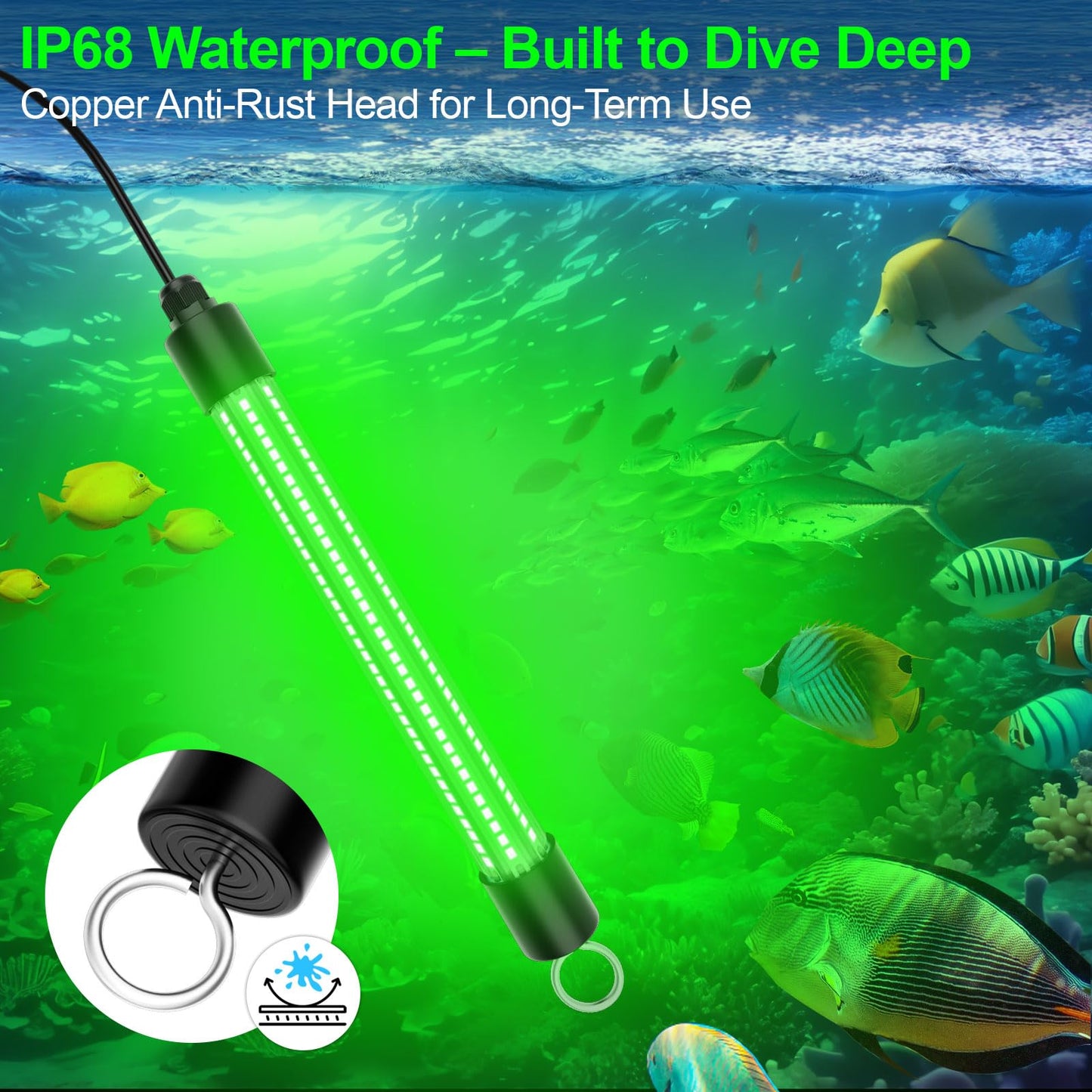 LED Underwater Fishing Light Compatible with for DeWalt 20V Battery（Battery Not Included）, 3000 Lumens, IP68 Waterproof Submersible Green Fish Attractor Light for Night/Ice/Boat Fishing