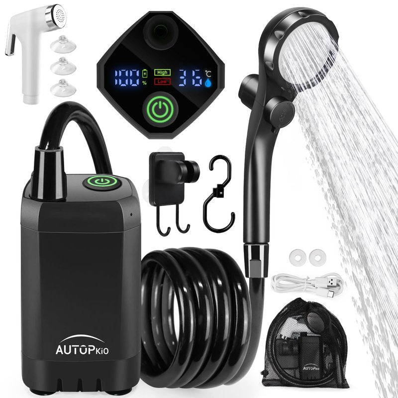 AUTOPkio Portable Camping Shower, Upgraded Outdoor Shower with 6000mAh Rechargeable Battery Pump & Digital Display for Hiking, Travel, Car, Pet Bath, Watering, Emergency