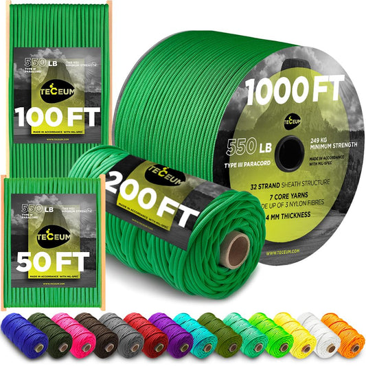 TECEUM Paracord Type III 550 Green – 50 ft – 4mm – Tactical Rope MIL-SPEC – Outdoor Para Cord –Camping Hiking Fishing Gear and Equipment – EDC Parachute Cord – Strong Survival Rope 025