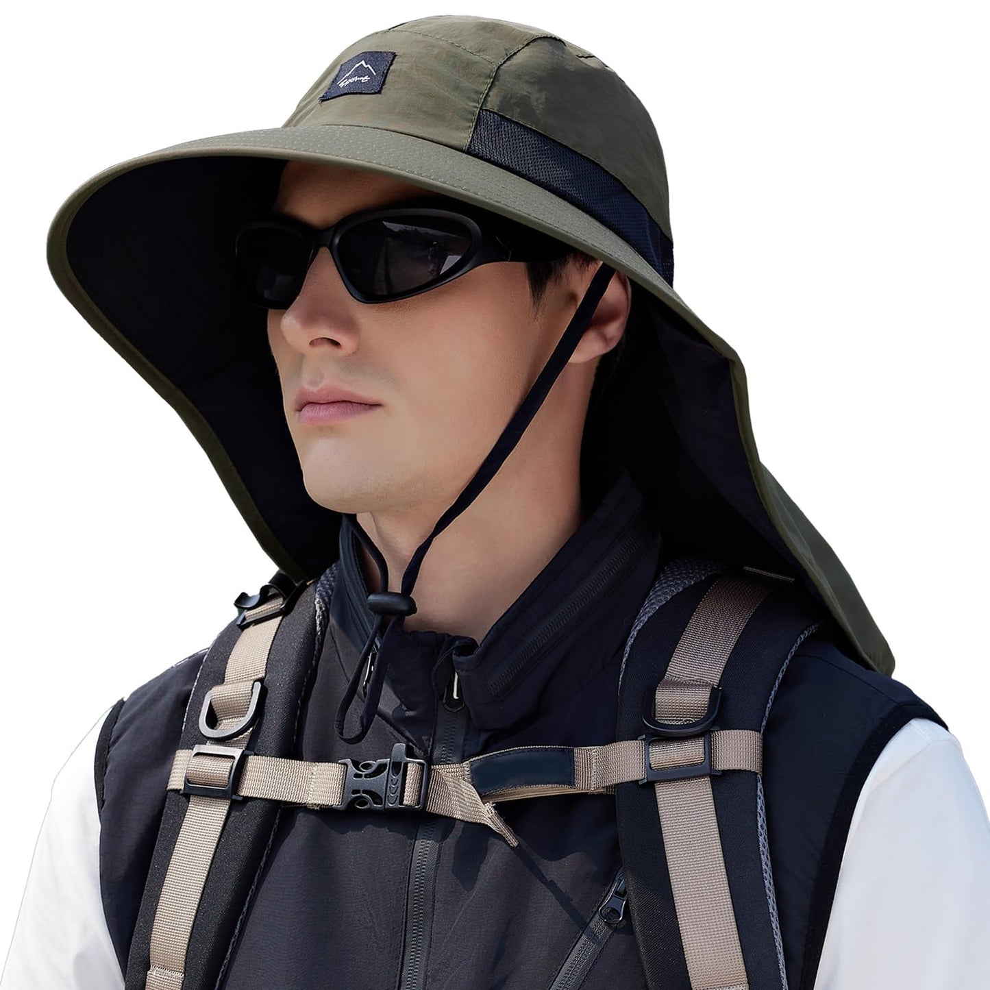 Rosoz Outdoor Sun Hat for Men Women, UPF50+ Protection Safari Cap Wide Brim Mesh Fishing Hat with Neck Flap Beach Garden