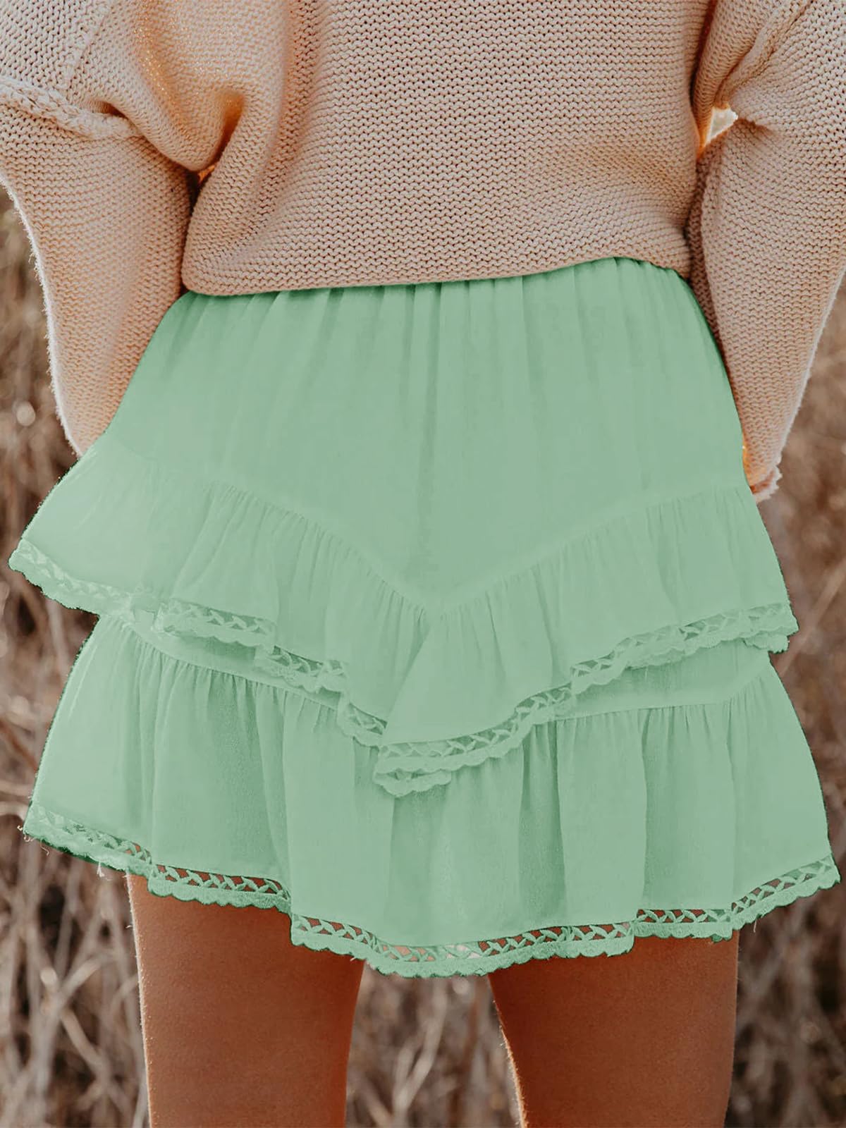 Aoudery Flowy Shorts for Women Casual Boho Ruffle Tiered Skorts High Waist Mini Skirts Golf Tennis Butterfly Crochet Shorts - Light Green S