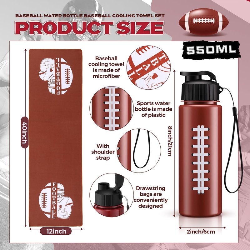 Reallnaive 24 Pcs Sports Water Bottle Cooling Towel Set Include 12 Reusable Sports Squeeze Water Bottle 12 Ice Towel Breathable 40"x12" Cooling Towels for Soccer Team Gift (Football)