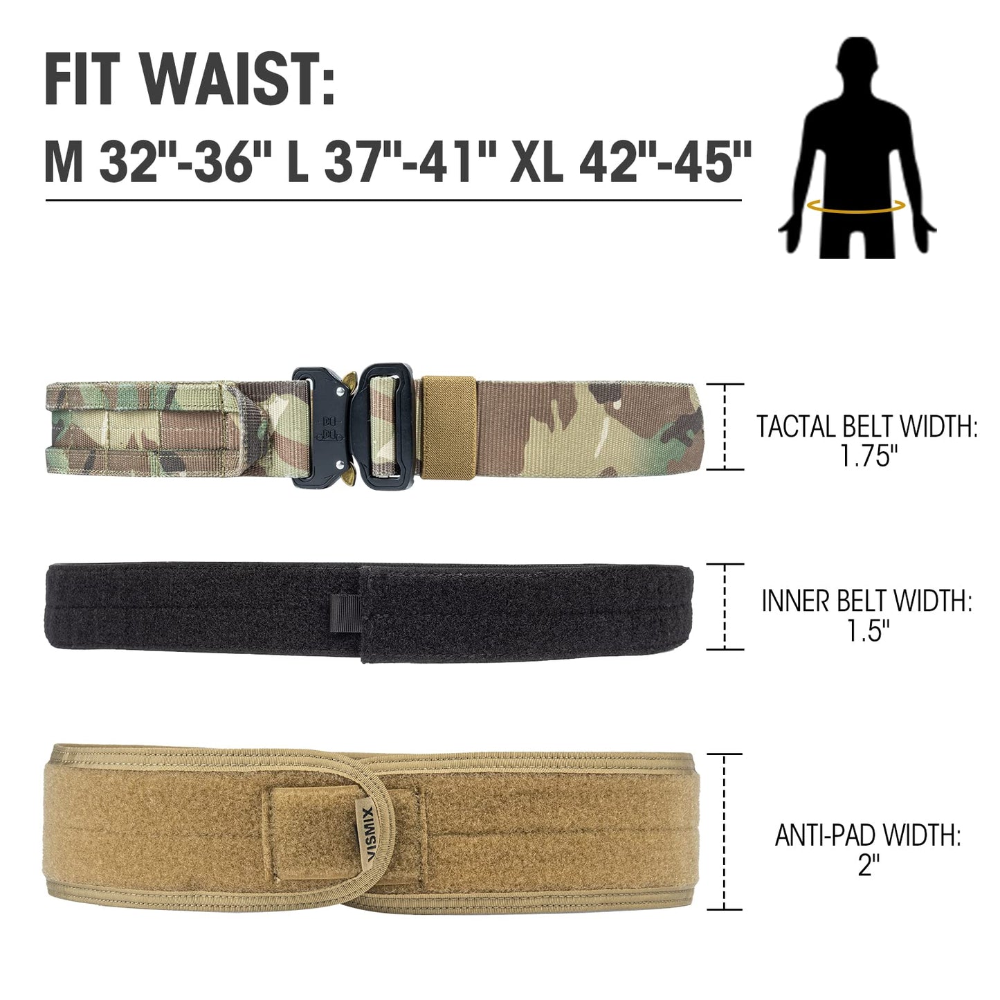 VISMIX Tactical Belt, Quick Release 1.75" MOLLE Battle Belt with Inner Belt and Anti-Slip Pad- Heavy Duty Battle Belts
